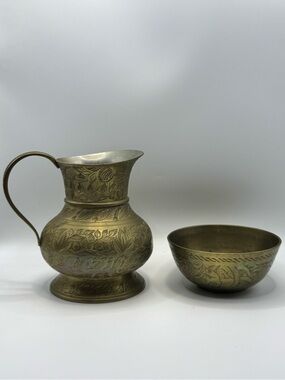 Bundled Vintage Etched Brass Pitcher Vase & Antique Chinese Engraved Brass Bowl